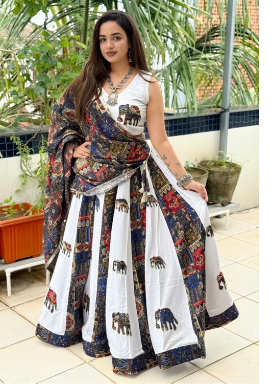 Royal Contrast Elephant Applique Pure Reyon Lehenga Set