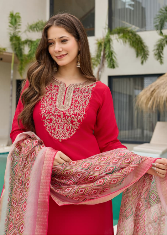 Ruby Elegance Heavy Rayon Embroidered Suit Set