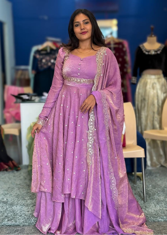 Lilac Vichitra Silk Embroidered Cape Anarkali Suit Set
