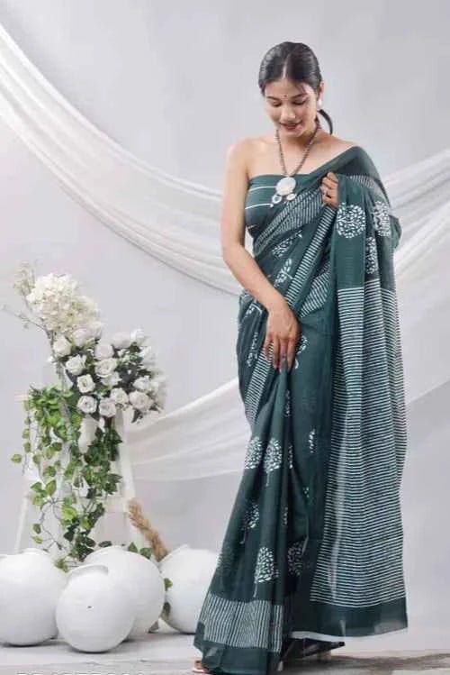 Forest Grace Deep Green Handblock Cotton Saree