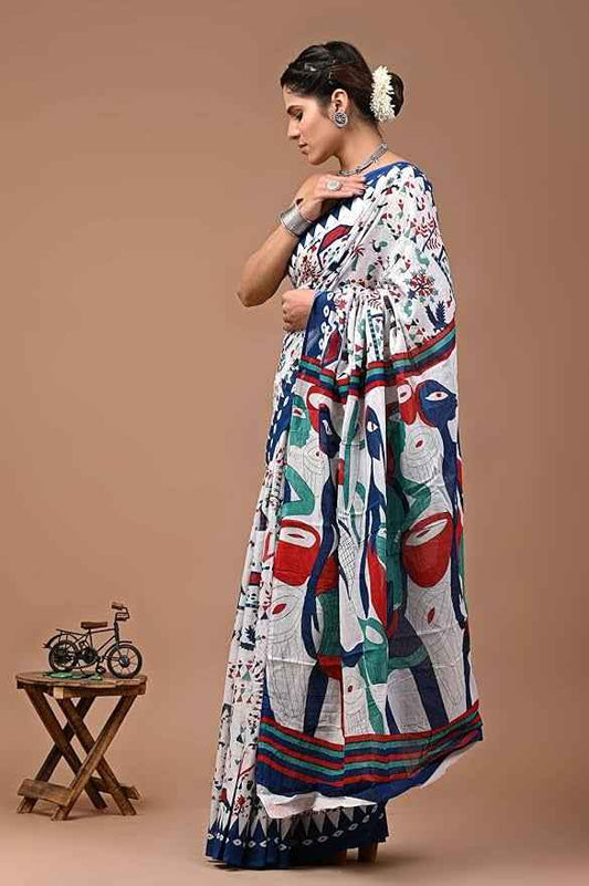 Ranglok Multicolor Tribal Art Mulmul Cotton Saree