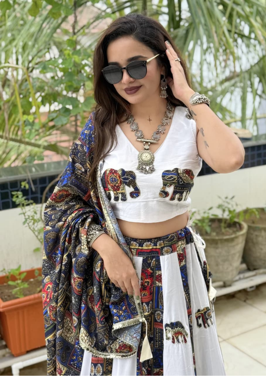 Royal Contrast Elephant Applique Pure Reyon Lehenga Set