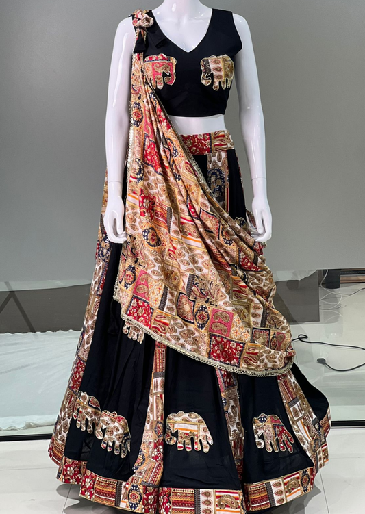 Black Regal Elephant Applique Pure Reyon Lehenga Set