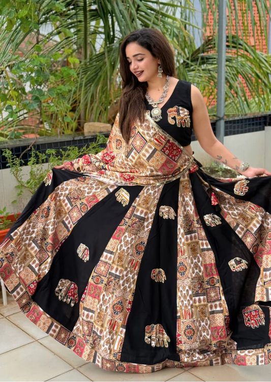 Black Regal Elephant Applique Pure Reyon Lehenga Set
