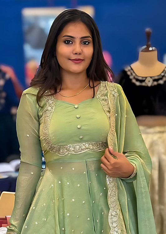 Pastel Green Vichitra Silk Embroidered Cape Anarkali Suit Set