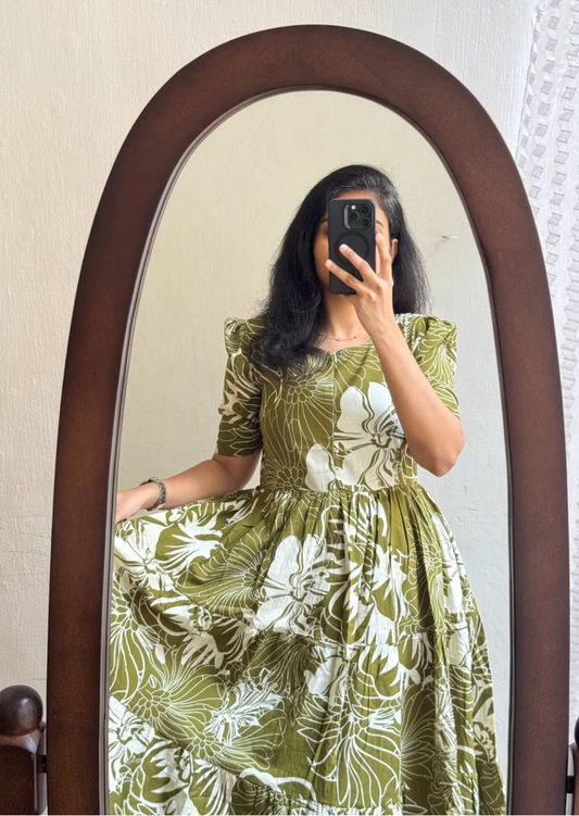 Olive Botanical Soft Cotton Midi Dress
