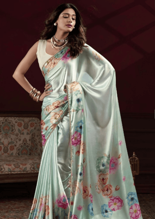 Anaya Mint Blossom Satin Silk Saree