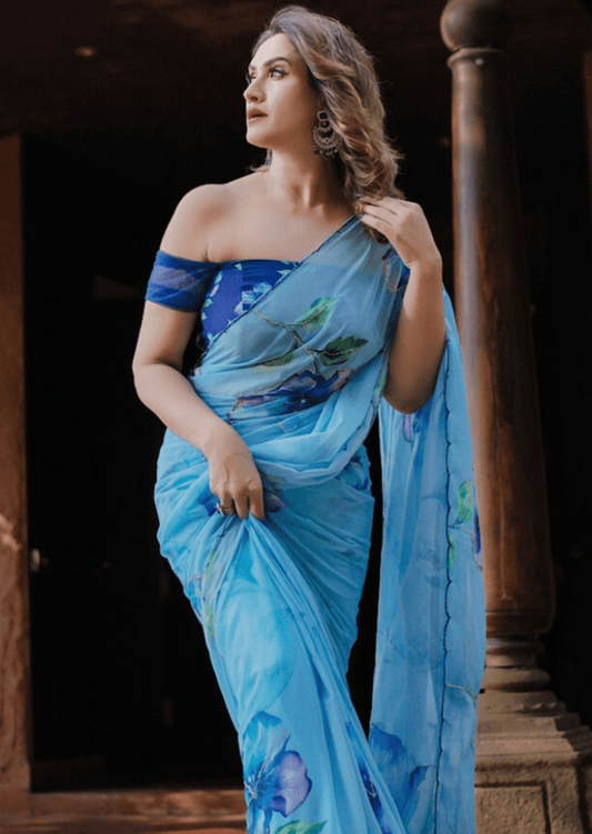 Azure Bloom Digital Print Georgette Saree