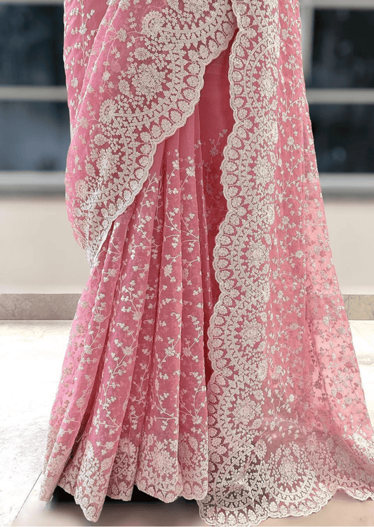 Blush Elegance Pink Embroidered Net Saree