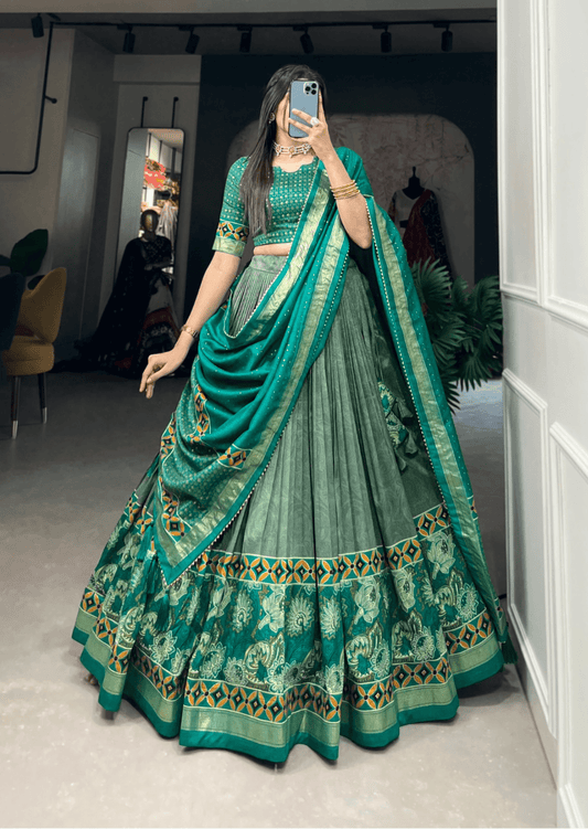 Emerald Foil Floral Tasar Silk Lehenga Set