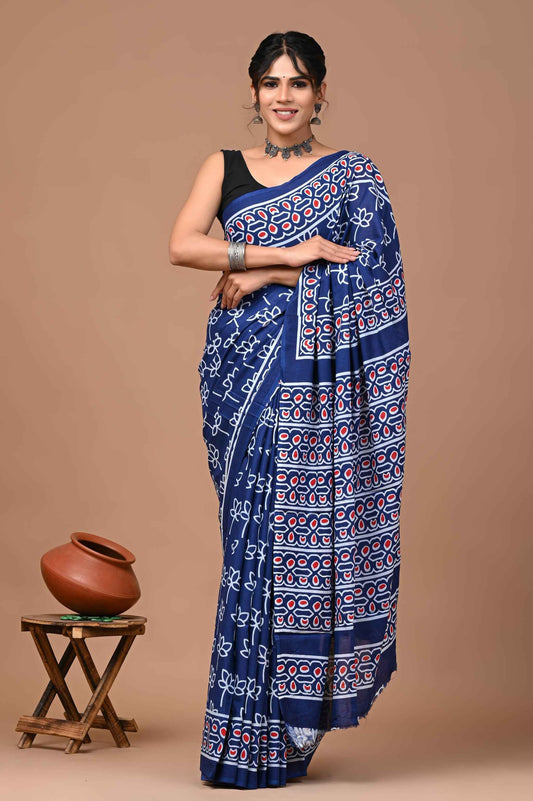 Indigo Beat Block Rhythm Mulmul Cotton Saree