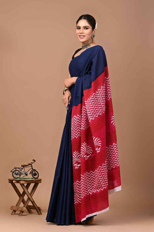 Indigo Fusion Mulmul Cotton Saree with Maroon Zigzag Pallu