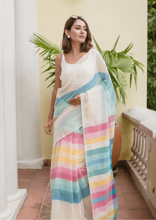 Ira Multicolor Pastel Stripe Linen Saree