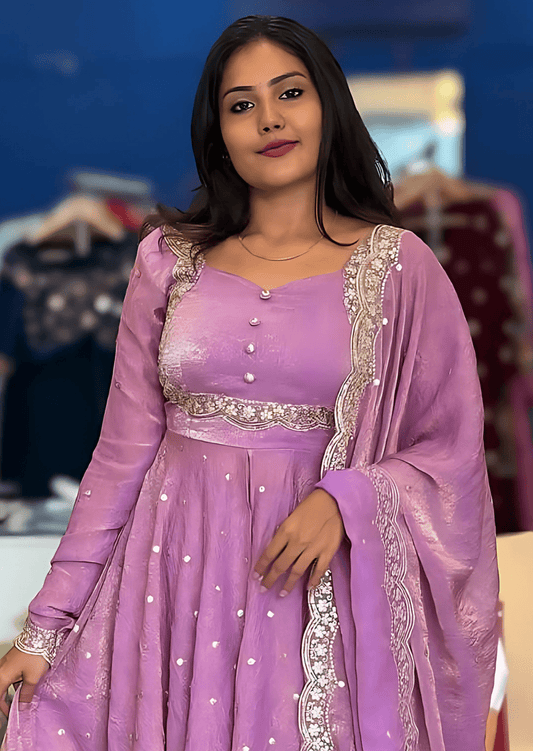 Lilac Vichitra Silk Embroidered Cape Anarkali Suit Set