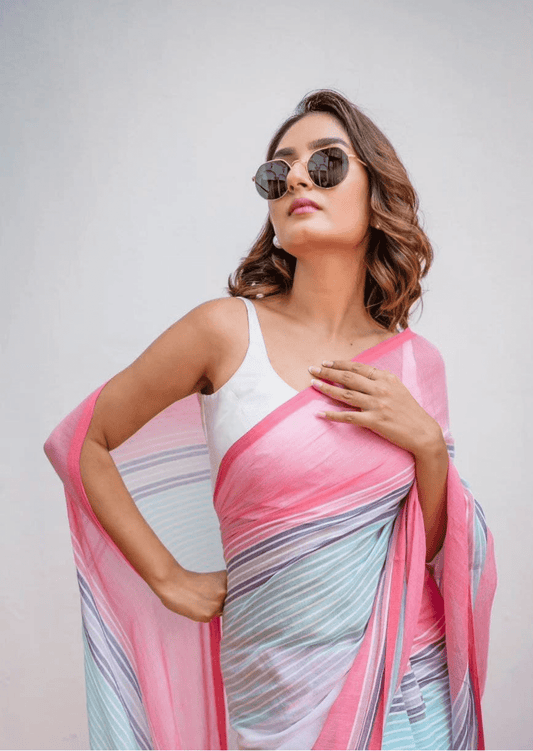 Meharika Pastel Stripe Linen Saree