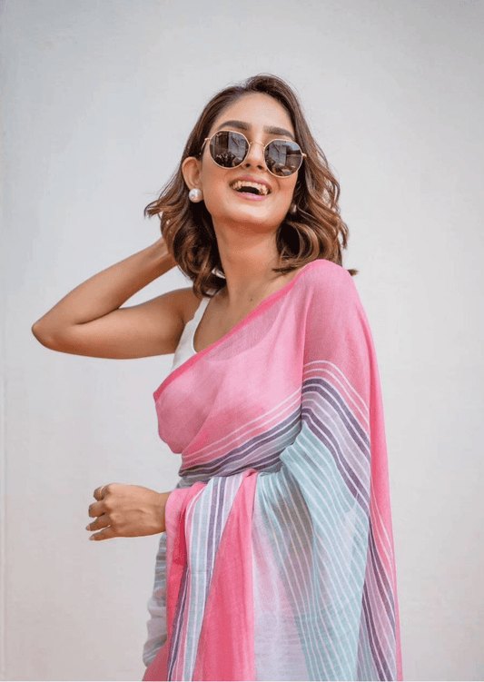 Meharika Pastel Stripe Linen Saree