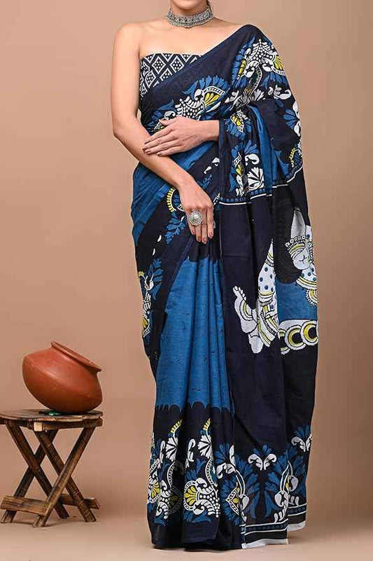Midnight Kamal Bold Indigo Mulmul Cotton Saree