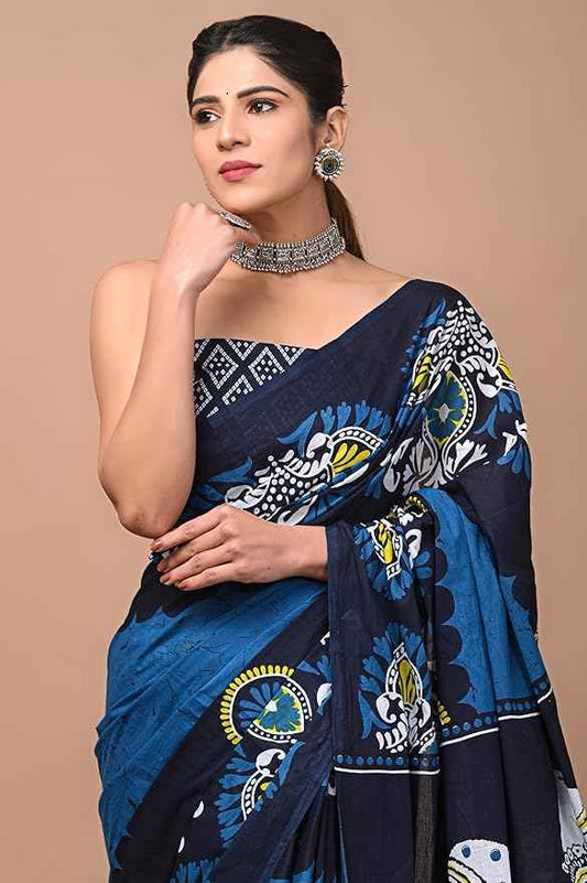 Midnight Kamal Bold Indigo Mulmul Cotton Saree