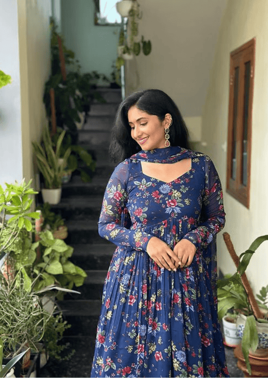 Navy Blue Floral Anarkali Kurti with Dupatta