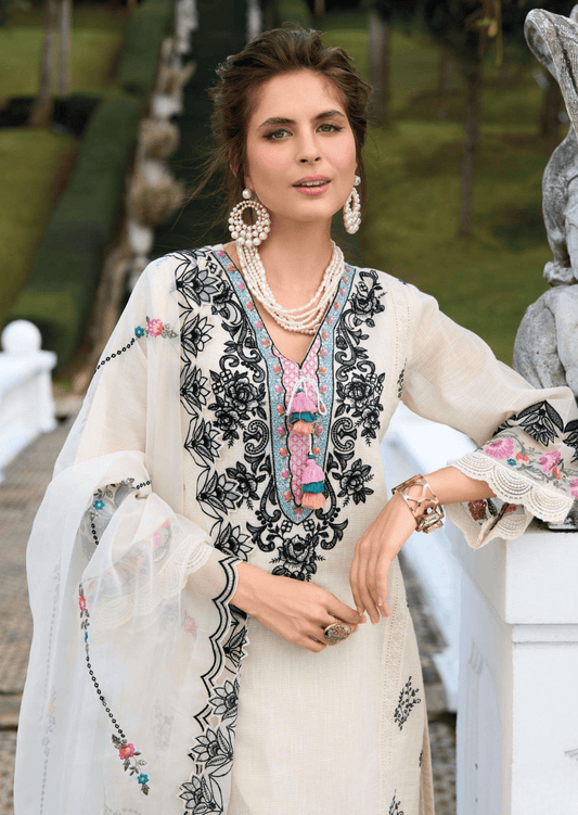Nooré Ivory Elegant White Cotton Embroidered Suit Set