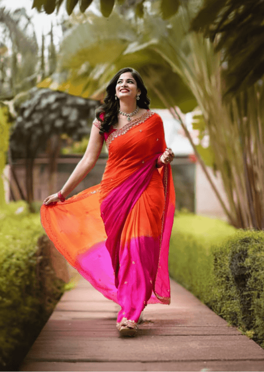 Noorvi Golden Zari Chinon Saree