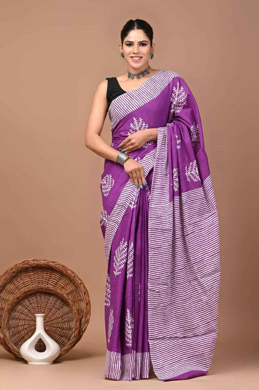 Phoolkari Violet Mulmul Cotton Saree
