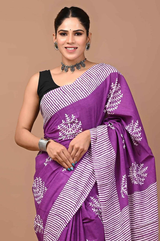 Phoolkari Violet Mulmul Cotton Saree