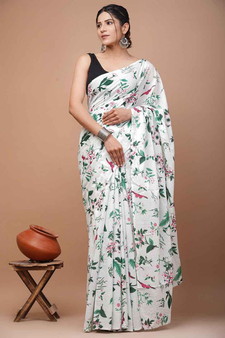 Whispering Petals White Bloom Cotton Saree