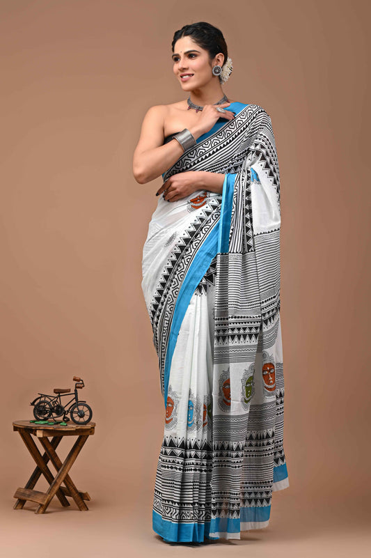 Zen Sutra Buddha Print Mulmul Cotton Saree